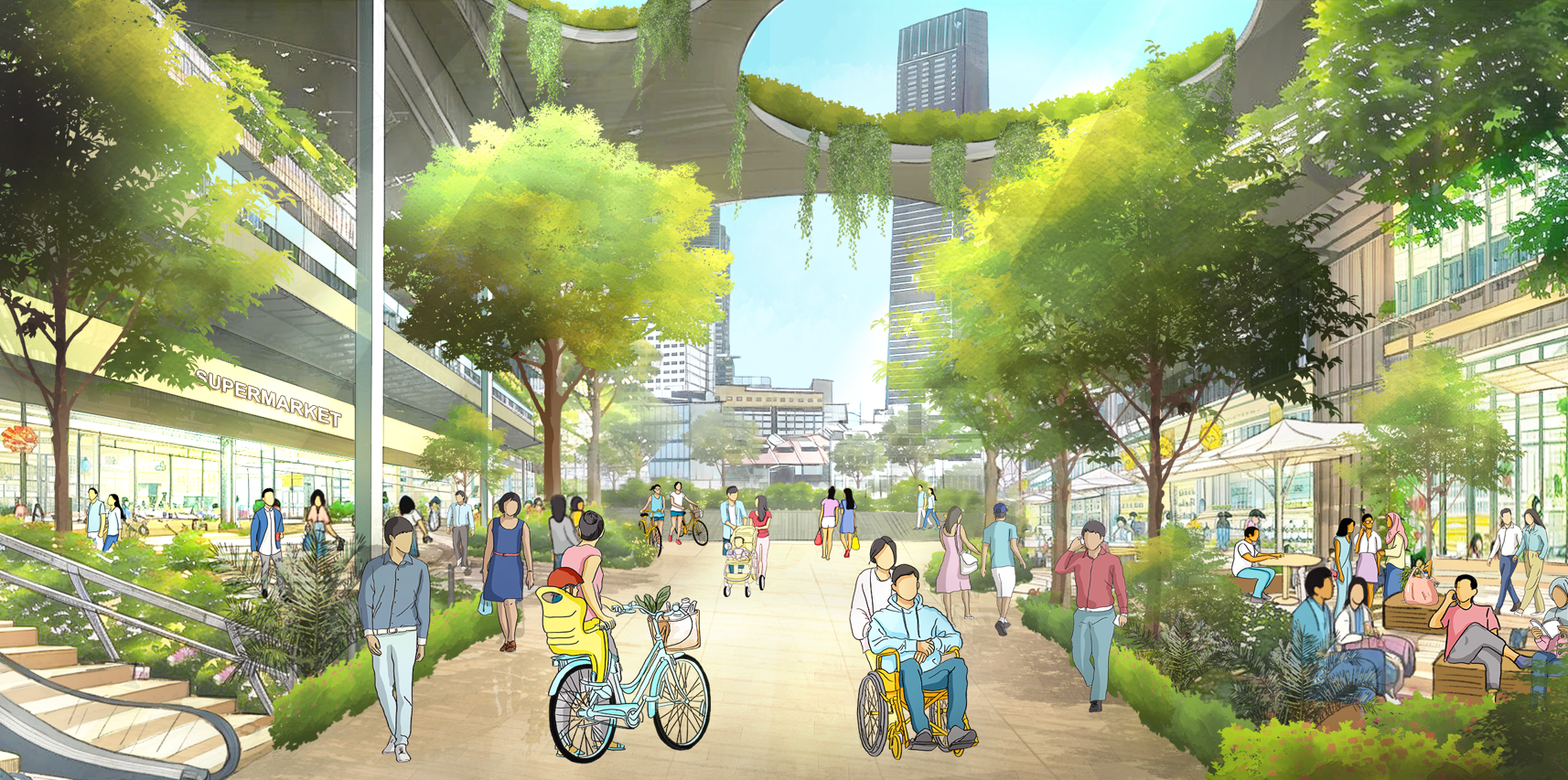 A drawing shows a vibrant, accessible city park with people strolling, biking, and relaxing. Lush greenery and a skywalk create an inviting urban oasis.